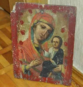Antike Ukraine 19. Jahrhundert handbemalte Holz orthodoxe Ikone der Gottesmütter - Bild 1 von 10