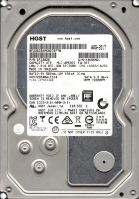 HUS726040ALE614 P/N: 0F23025 MLC: APK907 Thailand 4TB HGST - Image 1 of 2
