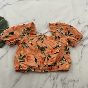Loft Womens Lace Up Crop Top Size S Orange Green Fruit Floral Puff Sleeve - Picture 1 of 11