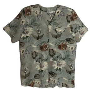Christie & Jill Women's Short Sleeve Blouse Top~Green Rust Brown Floral~Sz Large - Picture 1 of 9