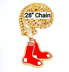BOSTON RED SOX GEM NECKLACE Gold Hip Hop MLB Team Bling Pendant & 28" Chain - Picture 1 of 3