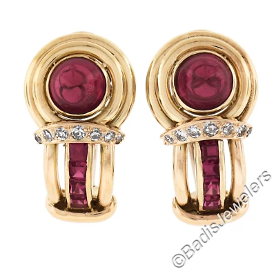 Vintage Retro Yellow Gold Lab Created Ruby Pave Diamond Omega Earrings - Image 1 of 4