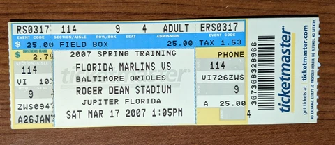 Miami Florida Marlins 2007 Ticket Stub 03-17-07 Spring Training vs Orioles Lot 2 Cover
