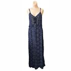 Spaghetti Strap Maxi Dress Large Blue Gray Sequin Lace Front Elastic Waist
