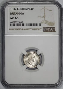 1837 Great Britain 4 Pence NGC MS 65 Britannia Silver Groat - Picture 1 of 4