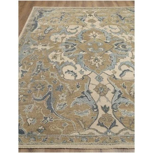 Handmade 8x10 Wool Area Rug Tan Blue Floral Pattern Traditional Oriental Carpet - Picture 1 of 8