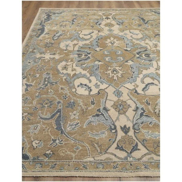 Handmade 8x10 Wool Area Rug Tan Blue Floral Pattern Traditional Oriental Carpet - Image 1 of 4
