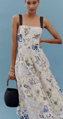 Vestido Anthropologie Maeve Algodón Sin Mangas Cuello Cuadrado Estampado Marfil Combo S NUEVO Foto 1 de 4