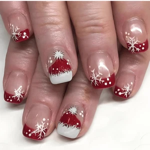 Neu mit Etikett Weihnachten Schneeflocke Press on Nails kurz quadratisch French Tip Nikolausmütze Design - Bild 1 von 11