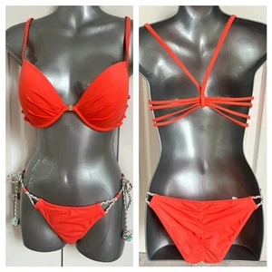 Neu ohne Etikett Victoria's Secret Bikini koralle orange 34D & S Unterteil Scrunch Bauch Bommel - Bild 1 von 8