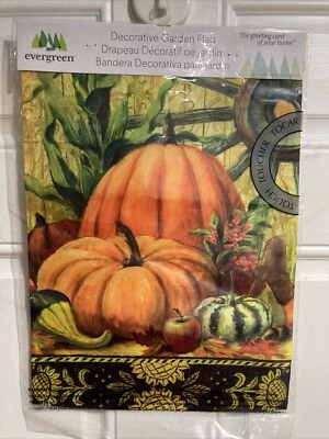 Autumn Pumpkin Fall 18" x 12.5" Evergreen 2-Sided Printed Garden Satin Flag NEW - Image 1 of 2