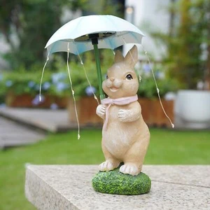 Solar Garden Statues Outdoor Rabbit Figurine with Umbrella LED String Lights ... - Picture 1 of 6