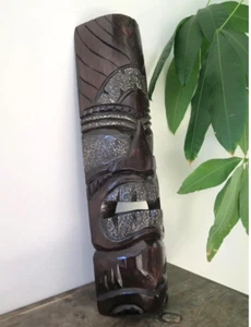 Hawaii Hand Made Carved Wooden 19" Tiki Painted Mask Wall Decor Hanging Man Cave - Picture 1 of 5