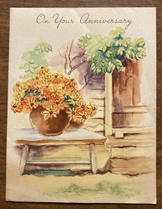 Tarjeta de felicitación feliz aniversario campana dorada vintage años 40 girasoles en maceta P5d - Imagen 1 de 18