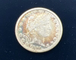 1894 O 25C Barbiere Quarto Argento Tonalità Blu Rosso BELLA MONETA. Raro! Spedizione veloce! - Foto 1 di 7