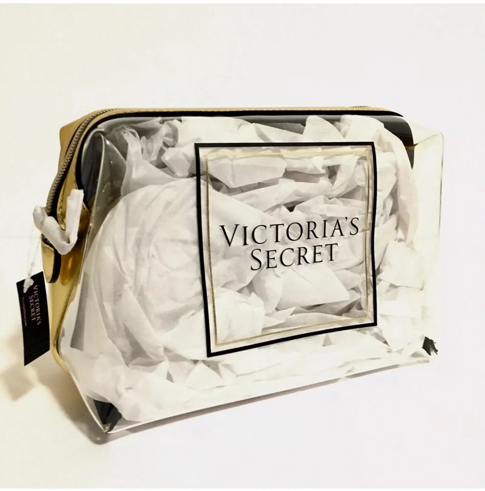 Bolsa de cosméticos de maquillaje Victoria's Secret metálica dorada transparente Foto 1 de 4