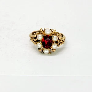Vintage Avon Gold Tone Faux Ruby Garnet Pearl Ring Size 7 8 9 Victorian Revival - Picture 1 of 7
