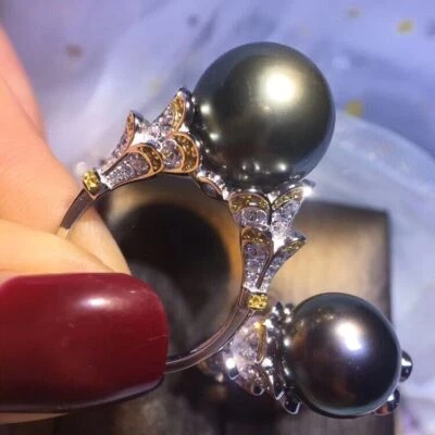 Gran cantidad de Anillo AAAA 10-11mm Redondo Natural Mar del Sur Perla Negra 925S Foto 1 de 3