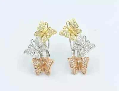 2.32Ct Lab Created Diamond Butterfly Huggie Hoop Earrings 14k 3 Tone Gold Plated - Image 1 of 4