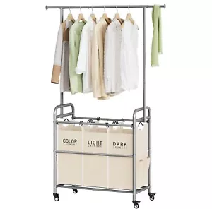 Laundry Hamper with Hanging Rack, Laundry Sorter 3 Section, Rolling Laundry Cart - Picture 1 of 6