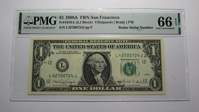 $1 1988 Radar Serial Number Federal Reserve Currency Bank Note Bill PMG UNC66EPQ - Image 1 of 3