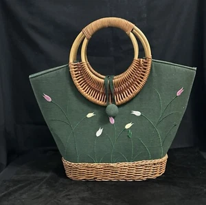 Vintage Green Canvas & Rattan W/Embroidered Multicolor Flower Bucket Handbag - Picture 1 of 21