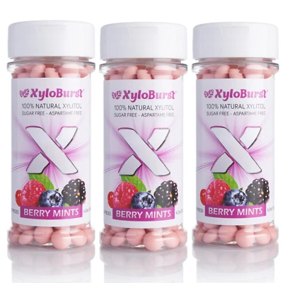 Xyloburst 全天然无糖木糖醇浆果薄荷 200 个罐 3 包 — 第 1/4 张图片