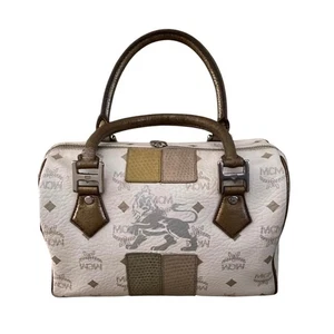 MCM Visetos Lion Patchwork Boston Bag White Gold Leather Trim Satchel - Picture 1 of 10