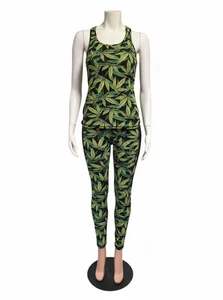 Conjunto de yoga de 2 piezas con hojas de cannabis para mujer - Camiseta sin mangas y leggings | Elástico - Imagen 1 de 12