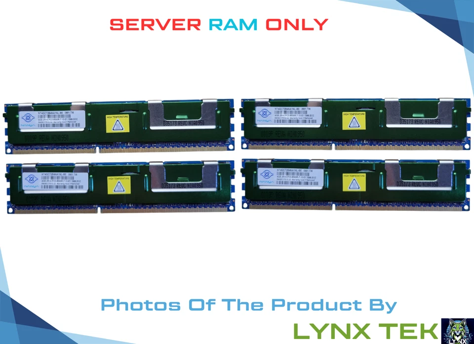 Lot of 4 Nanya 4GB 2Rx4 PC3 8500R ECC RDIMM DDR3 1066MHz SDRAM NT4GC72B4NA1NL-BE - Image 1 of 1