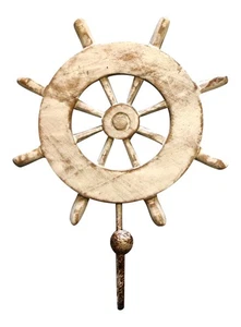 Rueda de barcos encalada con gancho de pared individual madera 9 pulgadas - Imagen 1 de 2