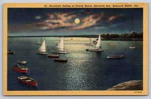 Postcard Delaware Rehoboth Bay Moonlight Sailing at Dewey Beach Sailboats c1940s - Picture 1 of 2