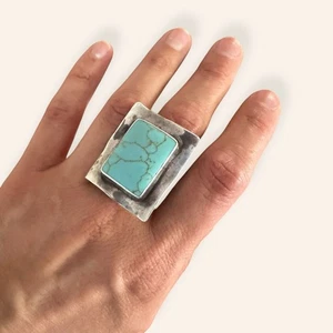 925 Silver Turquoise Statement Ring w/ Adjustable Band size 6-9 - Picture 1 of 8