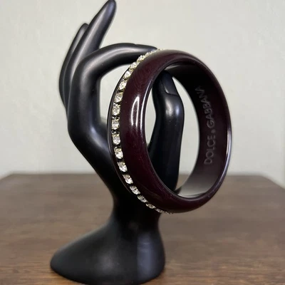 Vintage Dolce & Gabbana Black Resin Bangle Bracelet With Rhinestones Signed 8” - Image 1 of 4
