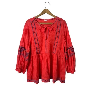 GAP XL Embroidered Boho Peasant Top Red Blue Tassel Tie Blouse Balloon Sleeve - Picture 1 of 10