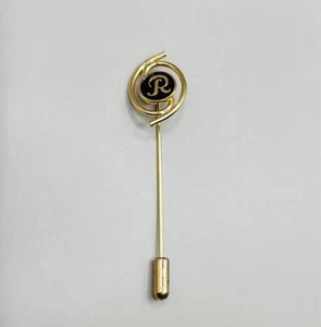 Vintage Gold Tone Black R Monogrammed Stick Lapel Hat Pin Brooch - Picture 1 of 3