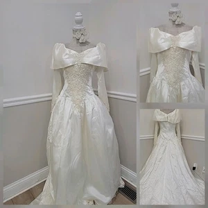 Vintage 80s Demetrios Collection Princess Style Ivory Satin Beaded Wedding Dress - Picture 1 of 12