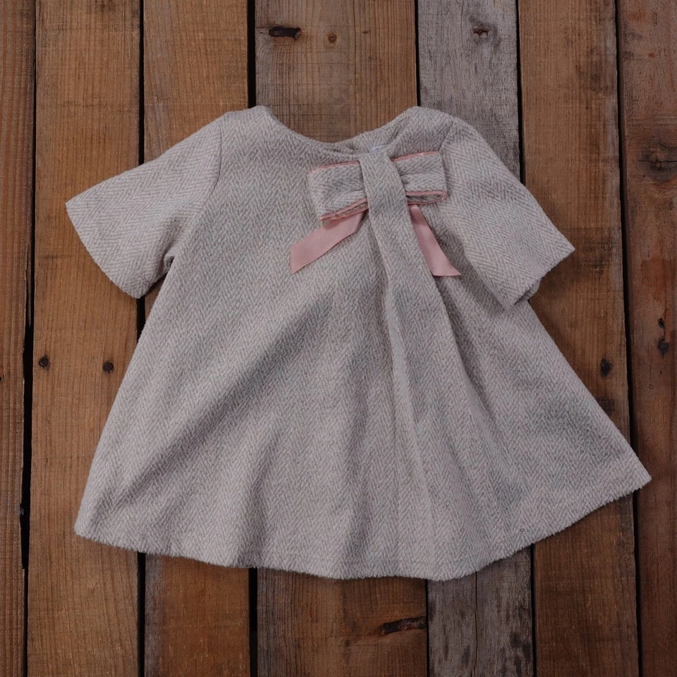 Tahari Baby Girls Dress 12M Beige Wool Blend Bow Back Button Closure - Image 1 of 4