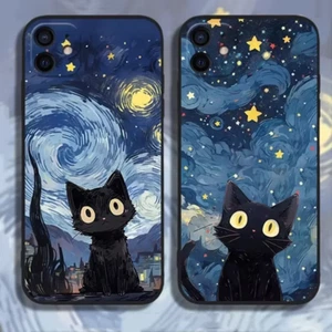 Artistic Black Cat Starry Night Phone Case for Iphone 16 15 14 13 12 11 Pro Max - Picture 1 of 12