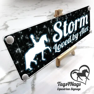 Personalise Horse Stable door perspex sign Black sparkly lined blue & White text - Picture 1 of 24