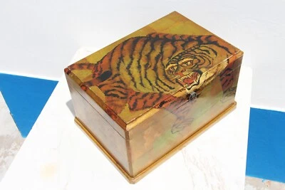 Mid-Century Large Hand-Painted Tibetan Box depicting a Tiger - Image 1 of 4