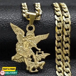 Gold St Saint Michael Archangel Slaying Dragon Pendant Necklace Christian Mens - Picture 1 of 5