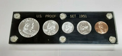 1951 United States Mint 5 Coin Proof Set in Black Acrylic Holder 90% Silver (H) Cover