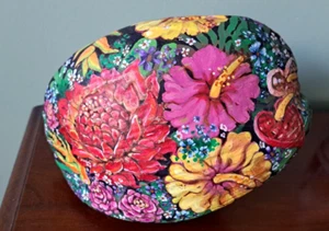 Kokosnuss Kunst Botanisch Hawaii Original Blumen Hibiskus Souvenir Bunt Vintage - Bild 1 von 17