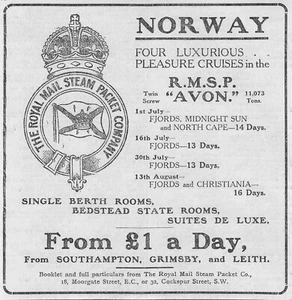 1910 Royal Mail Steam Packet Company Pleasure Cruises To Norway Original Advert - Picture 1 of 1