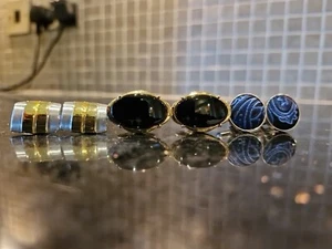 3 Pairs Cufflinks, 2 Tone Silver Gold Stripe Stainless Steel, Black Onyx & blue - Picture 1 of 8