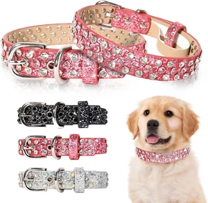 Rhinestone Leather Dog Collar Bling Dog Collars for Small Medium Large Dogs - So - Picture 1 of 5