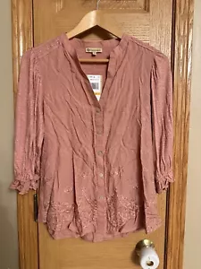 Democracy Solid Mauve Pink Embroidered V-Neck 3/4 Sleeve Blouse Size S Small - Picture 1 of 6