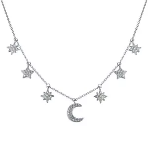 Sterling Silver 925 Rhodium Plated CZ Star and Crescent Moon Necklace - GMN00089 - Picture 1 of 1