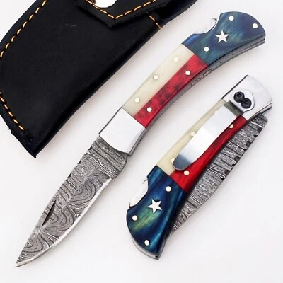 HANDMADE DAMASCUS STEEL BLADE TEXAS FLAG FOLDING POCKET KNIFE WITH SHEATH; 494 - Image 1 of 4
